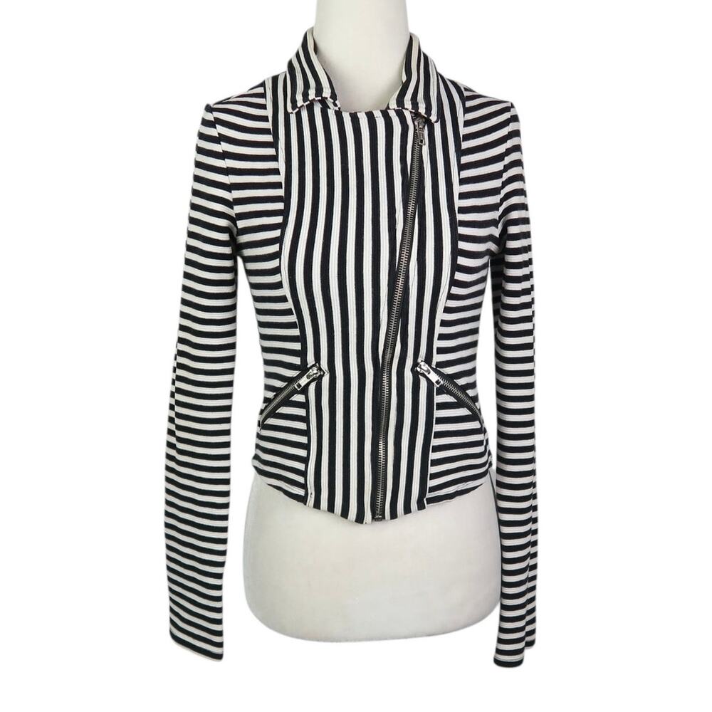Olsenboye Black and White Striped Knit Moto Zip Jacket M
